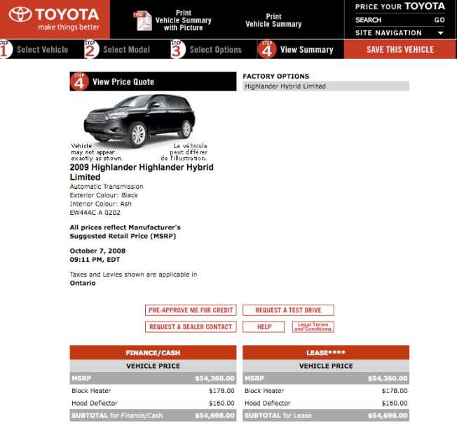 Highlander cost estimate from Toyota Canada